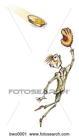 Clip Art - A businessman with a catchers mitt catching a gold coin. Fotosearch