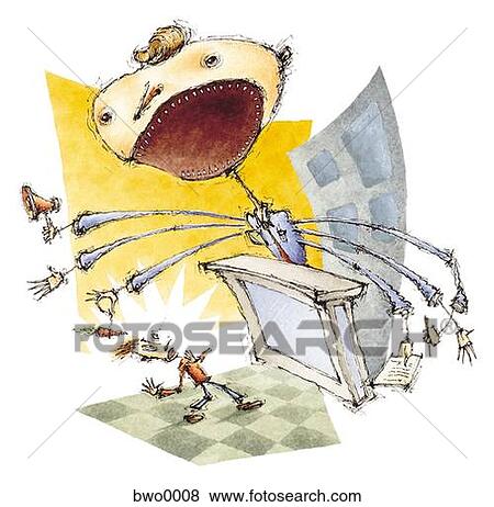 Stock Illustration - A giant businessman offering many services to a small frightened customer. Fotosearch