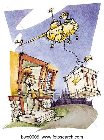 A helicopter dropping off a delivery at a womans house View Large Illustration Stock Illustration - A helicopter dropping off a delivery at a womans house. Fotosearch
