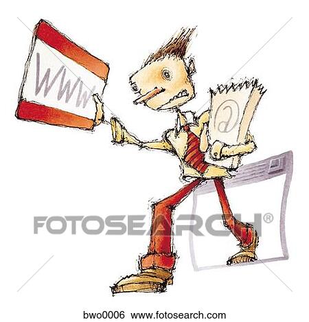 Stock Illustration - A man walking out of a computer window holding credit card and shopping bag. Fotosearch