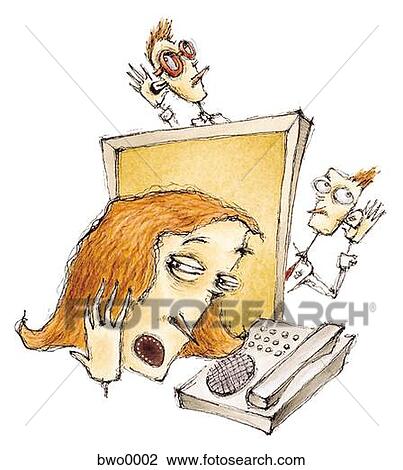 Drawing - A woman trying to have a private phone conversation as co-workers eavesdrop. Fotosearch