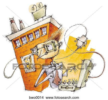 An illustration about telecommunication with a man using a laptop connected to a building View Large Illustration Stock Illustration - An illustration about telecommunication with a man using a laptop connected to a building. Fotosearch