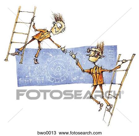 Drawing - Two business men on ladders reaching for a handshake in agreement. Fotosearch