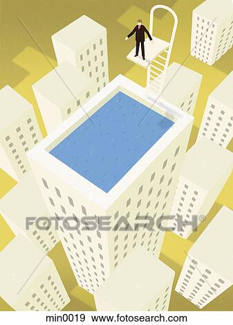 Stock Illustration - A businessman about to dive into a rooftop swimming pool on top of a building. Fotosearch