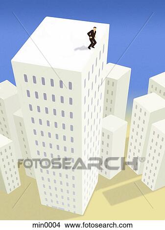 Stock Illustration - A businessman about to jump off a tall building. Fotosearch