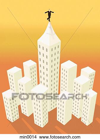 A businessman balancing on one foot on top of the tallest building in a city View Large Illustration Stock Illustration - A businessman balancing on one foot on top of the tallest building in a city. Fotosearch