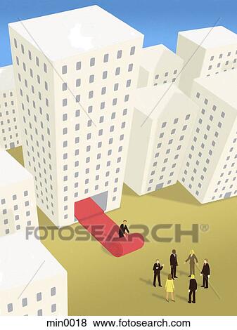 A businessman rolling out the red carpet from inside a building for a group of business people outside View Large Illustration Stock Illustration - A businessman rolling out the red carpet from inside a building for a group of business people outside. Fotosearch