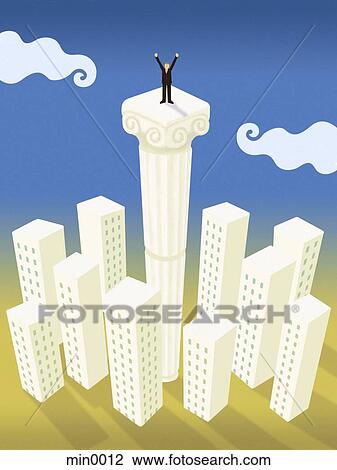 A businessman standing on top of a column taller than all the buildings in a city View Large Illustration Drawing - A businessman standing on top of a column taller than all the buildings in a city. Fotosearch