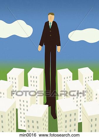 Stock Illustration - A businessman taller than all the buildings in a city. Fotosearch