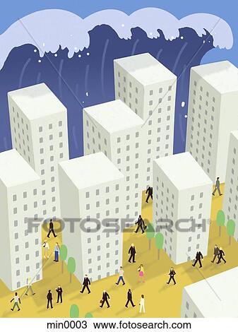 Drawing - A city scene with a large tsunami approaching. Fotosearch