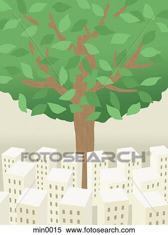 A large tree growing tall from within a city View Large Illustration Stock Illustration - A large tree growing tall from within a city. Fotosearch