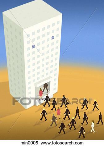 Stock Illustration - Business people walking into the mouth of a high rise building. Fotosearch