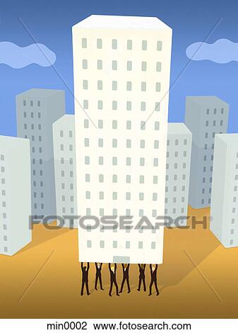 Drawing - Businessmen holding up a high rise building from underneath. Fotosearch