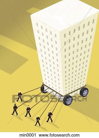 Businessmen pulling ropes tied to a highrise building on wheels View Large Illustration Clip Art - Businessmen pulling ropes tied to a highrise building on wheels. Fotosearch