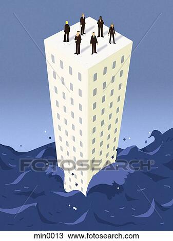 Businessmen standing on top of a building surrounded by water View Large Illustration Drawing - Businessmen standing on top of a building surrounded by water. Fotosearch