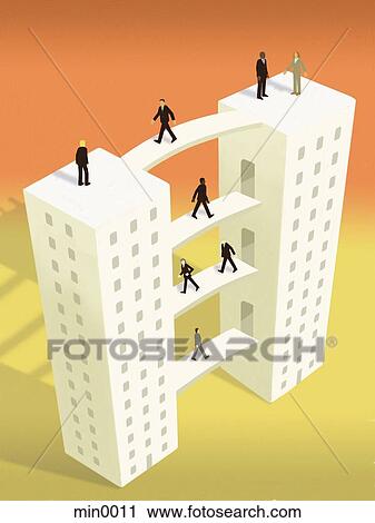 Businessmen walking between two buildings connected by mulitple bridges View Large Illustration Clip Art - Businessmen walking between two buildings connected by mulitple bridges. Fotosearch