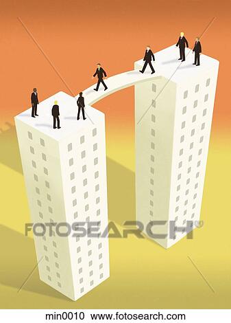 Businessmen walking on a bridge connecting two buildings View Large Illustration Clipart - Businessmen walking on a bridge connecting two buildings. Fotosearch