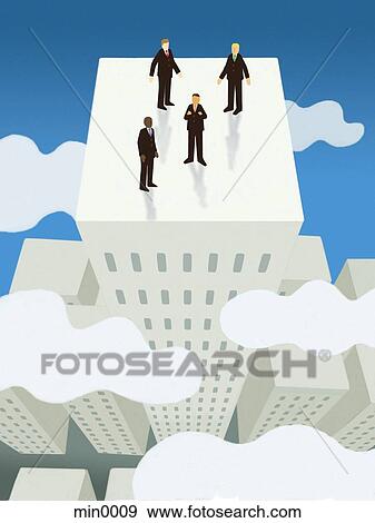 Four businessmen standing on top of the tallest building above the clouds View Large Illustration Stock Illustration - Four businessmen standing on top of the tallest building above the clouds. Fotosearch