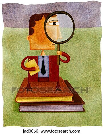 A businessman standing on two books and looking through a magnifying glass View Large Illustration Stock Illustration - A businessman standing on two books and looking through a magnifying glass. Fotosearch