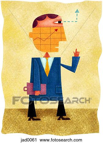 Clip Art - A businessman with a chart over his face and his eyes and hands pointing upwards. Fotosearch