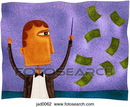 A conductor conducting paper money View Large Illustration Drawing - A conductor conducting paper money. Fotosearch