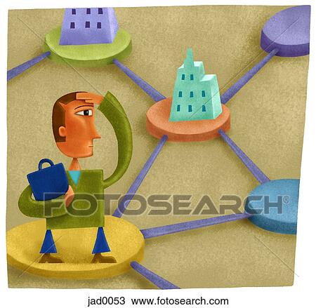 Drawing - A man standing on a platform looking into the distance at many connected platforms and buildings. Fotosearch