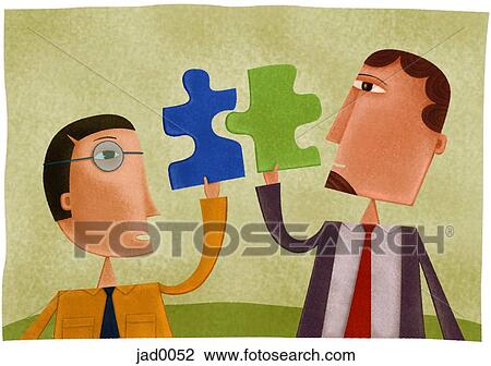 Two businessmen holding puzzle pieces that fit together View Large Illustration Drawing - Two businessmen holding puzzle pieces that fit together. Fotosearch