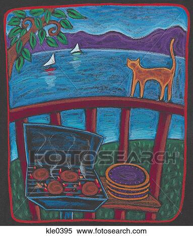 Stock Illustration - A BBQ and a cat on a patio looking over the lake with sailboats. Fotosearch