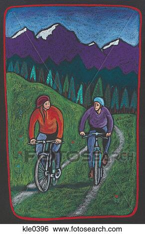 Stock Illustration - A couple biking along a trail with a forest and mountains behind them. Fotosearch