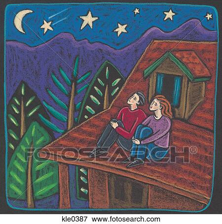 A Couple Sitting On The Roof Of A Cabin Watching A Shooting Star