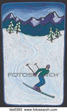 Drawing - A down hill skier on a snowy slope. Fotosearch