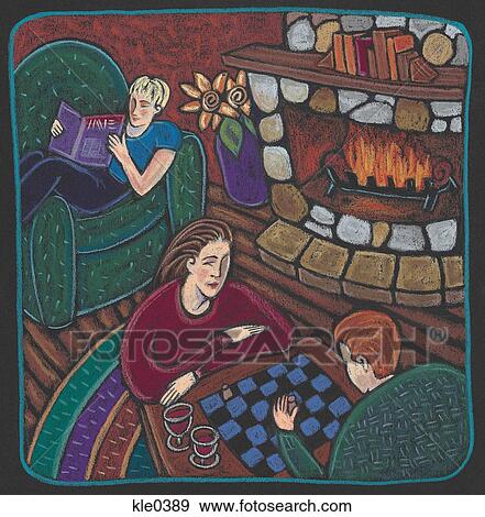 A family playing chess and reading next to a fire in a log cabin View Large Illustration Stock Illustration - A family playing chess and reading next to a fire in a log cabin. Fotosearch