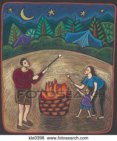 Stock Illustration - A family roasting marshmallows over a bon fire at night with tents in the background. Fotosearch