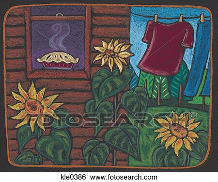 Stock Illustration - A freshly baked pie on a window sill and laundry hanging on a clothes line over sunflowers. Fotosearch