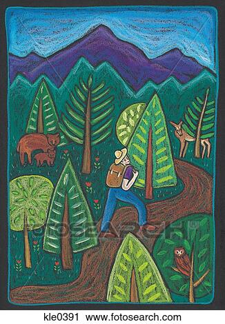 Clip Art - A hiker walking in the forest amongst wildlife. Fotosearch