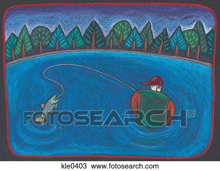 Drawing - A man fly flshing. Fotosearch