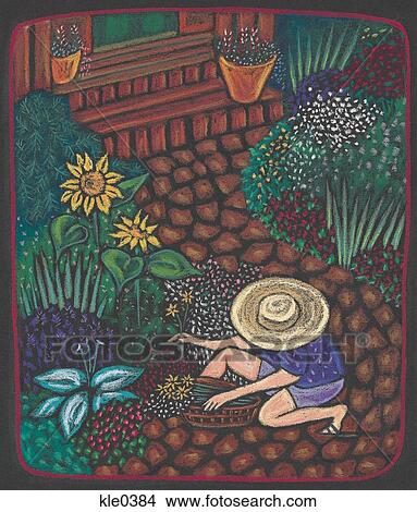 Stock Illustration - A woman gardening in her front yard on the path. Fotosearch