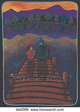 Stock Illustration - An adult and a child fishing off the end of a dock. Fotosearch