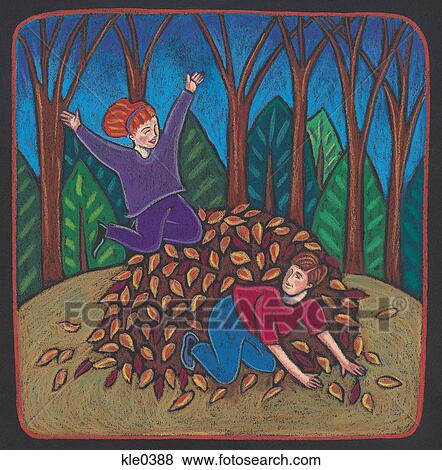 Stock Illustration - Children playing in a pile of autumn leaves. Fotosearch