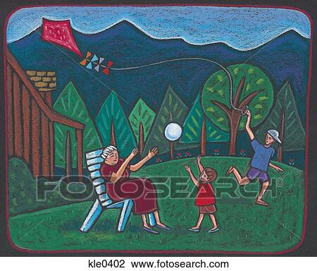 Drawing - Children playing with a kite and their grandmother in the backyard. Fotosearch