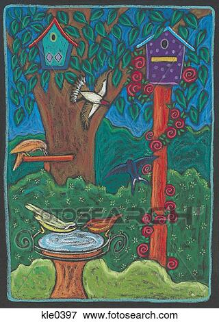 Many different birds in bird houses and bird baths View Large Illustration Stock Illustration - Many different birds in bird houses and bird baths. Fotosearch