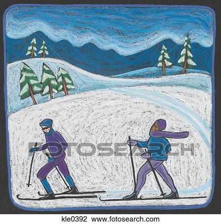 Drawing - Two people cross country skiing. Fotosearch