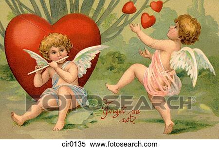 A vintage Forget Me Not Valentine card with cupid playing a flute and a cherub juggling hearts View Large Illustration Stock Illustration - A vintage Forget Me Not Valentine card with cupid playing a flute and a cherub juggling hearts. Fotosearch