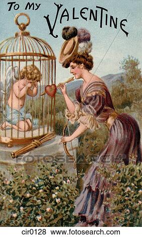 Stock Illustration - A vintage Valentine with a woman giving a bow and arrow back to a crying Cupid in a cage. Fotosearch