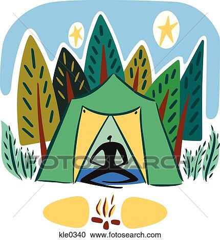 A 人間が座る 中に A テント そうする次の 人 もの A キャンプファイヤー 中に 森林 クリップアート 切り張り イラスト 絵画 集 Kle0340 Fotosearch