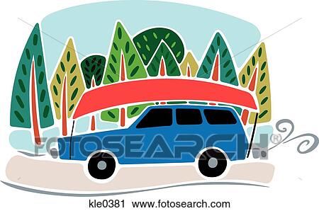 Clip Art - A car with a canoe strapped to its top, driving in the countryside. Fotosearch