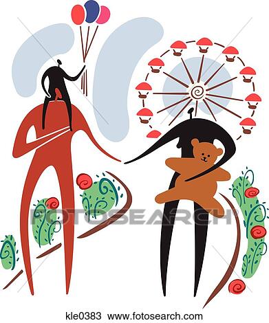 A family at the fair, with a ferris wheel in the background View Large Illustration Drawing - A family at the fair, with a ferris wheel in the background. Fotosearch