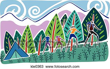 A family camping and hiking in the mountainside View Large Illustration Drawing - A family camping and hiking in the mountainside. Fotosearch