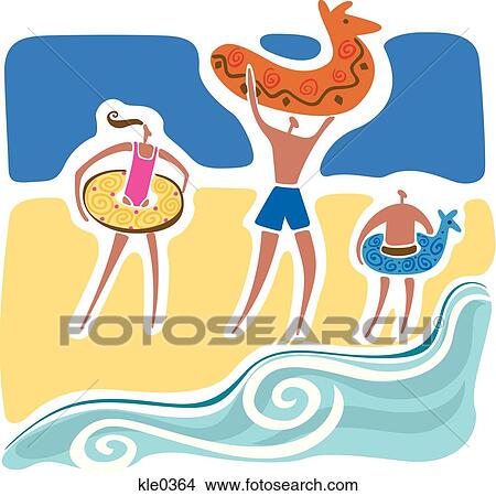 Stock Illustration - A family playing on the beach with inner tubes. Fotosearch