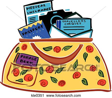 A handbag with a passport, phrase book, travelers checks and medical insurance View Large Illustration Clip Art - A handbag with a passport, phrase book, travelers checks and medical insurance. Fotosearch